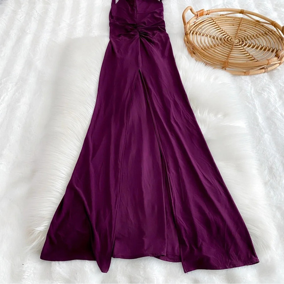 Camille Flawless Open Back Maxi Long Dress Purple Ruched Slit Low V-back Bodycon - Picture 8 of 12